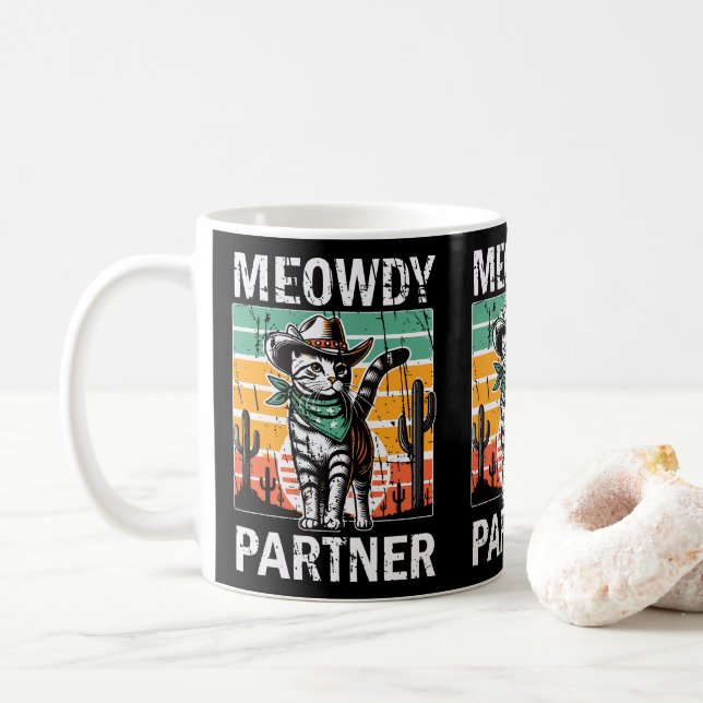 Meowdy Partner Cowboy Cat Owners Cat Moms & Dads Coffee Mug (With Donut)