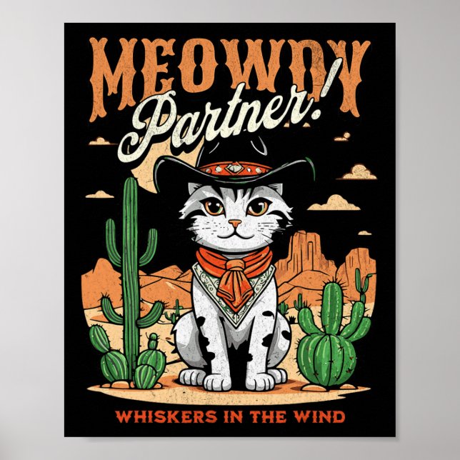 Meowdy Partner Cowboy Cat Vintage Cartoon Funny  Poster (Front)