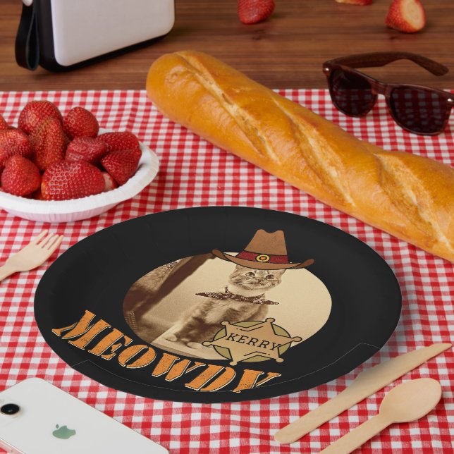 Meowdy Texan Cat Cowboy Sheriff Personalised Paper Plate (Picnic)
