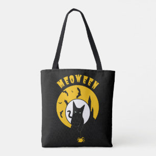Meoween Cute Black Cat Yellow Moon Hallowen Tote Bag