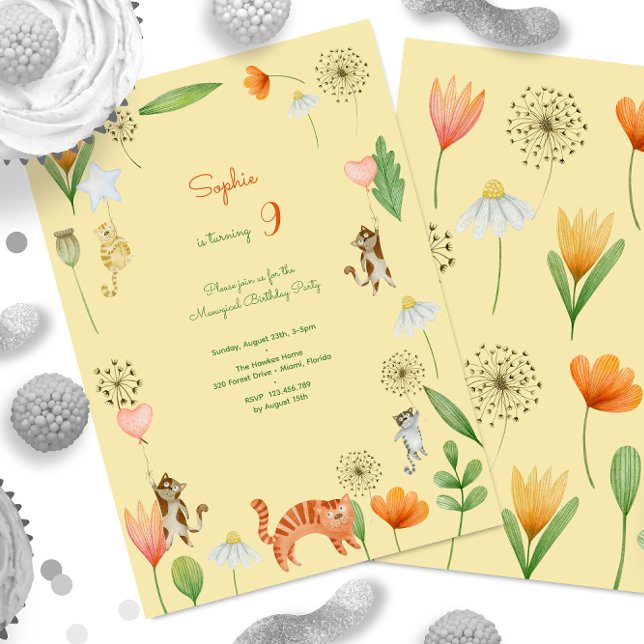 meowgical cats and flowers birthday party invitation (Creator Uploaded)