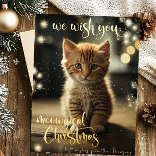 meowgical christmas gold pet cat photo foil holiday postcard