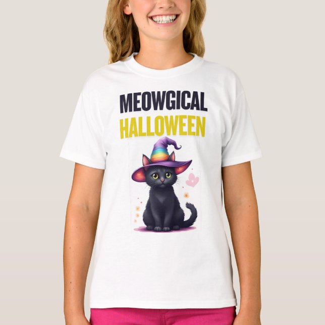 Meowgical Halloween Kids T-Shirt – Cute Black Cat  (Front)