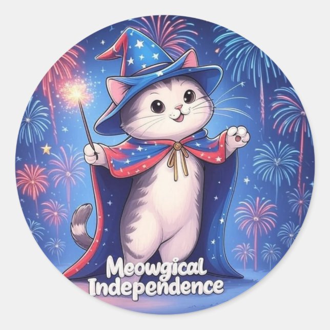 Meowgical Independence – Patriotic Wizard Cat Classic Round Sticker (Front)