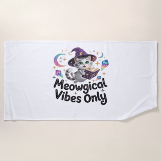 Meowgical Vibes Only, Floating Kawaii Witch Cat Ov Beach Towel
