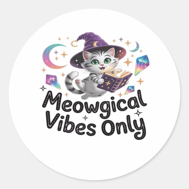 Meowgical Vibes Only, Floating Kawaii Witch Cat Ov Classic Round Sticker (Front)