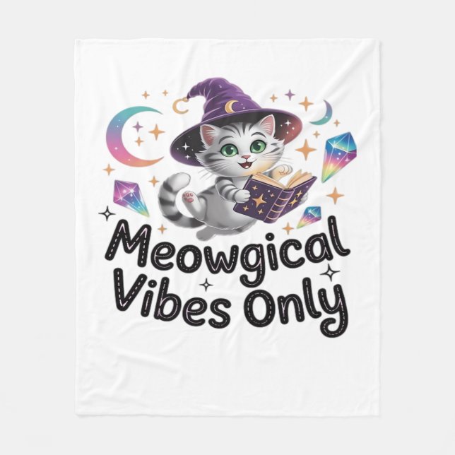 Meowgical Vibes Only, Floating Kawaii Witch Cat Ov Fleece Blanket (Front)