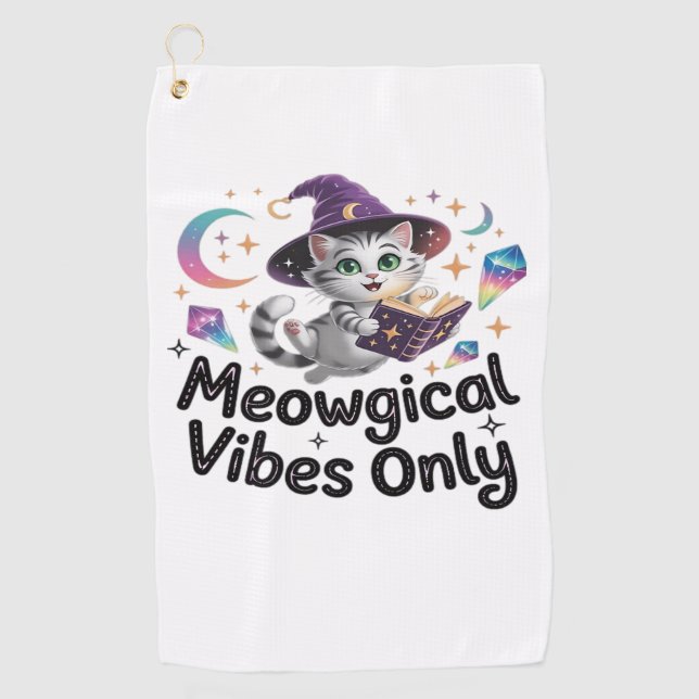 Meowgical Vibes Only, Floating Kawaii Witch Cat Ov Golf Towel (Front)