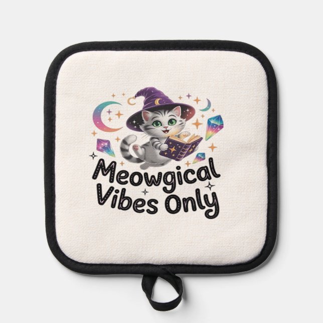 Meowgical Vibes Only, Floating Kawaii Witch Cat Ov Pot Holder (Front)