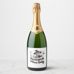 Meowgical Vibes Only, Floating Kawaii Witch Cat Ov Sparkling Wine Label