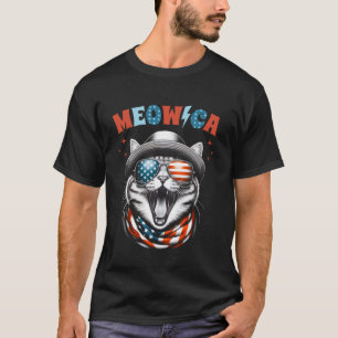 Meowica 4th of July Cat American Flag Retro Funny  T-Shirt