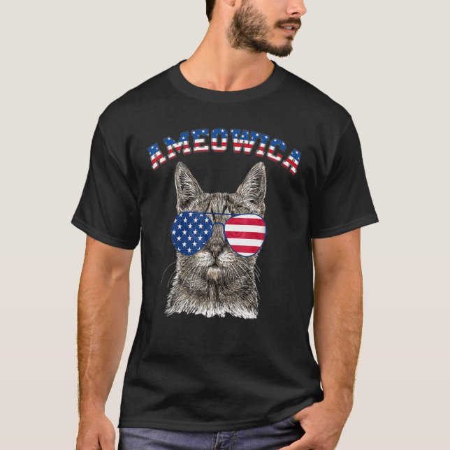 Meowica 4th Of Julyy Catt American Flag Sunglasses T-Shirt (Front)