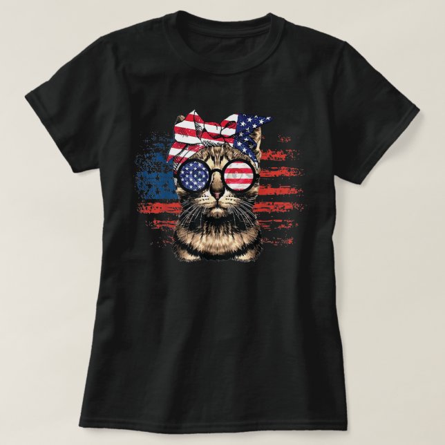 Meowica American Flag Cat messy bun with Sunglasse T-Shirt (Design Front)