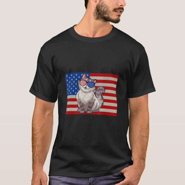 Meowica American Flag Sunglasses Patriotic Cat 4th T-Shirt (Front)