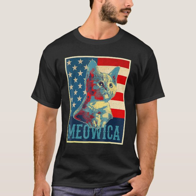 Meowica Cat 4th of July Patriotic American Flag  W T-Shirt (Front)