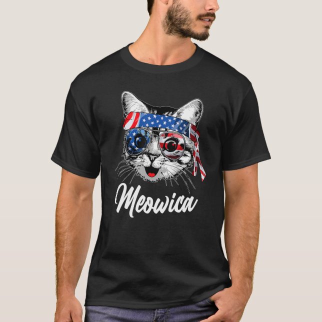 Meowica Cat American Flag Fourth of July T-Shirt (Front)
