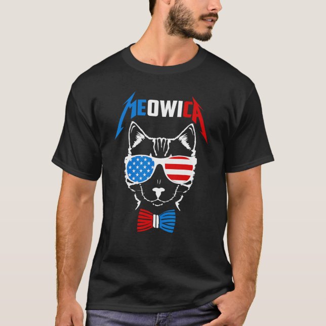 Meowica Cat American Flag Sunglasses Patriotic 4th T-Shirt (Front)