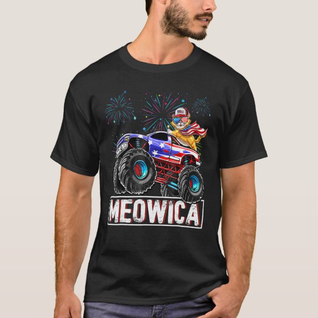 Meowica Cat And Monster Truck American 4th July T-Shirt (Front)