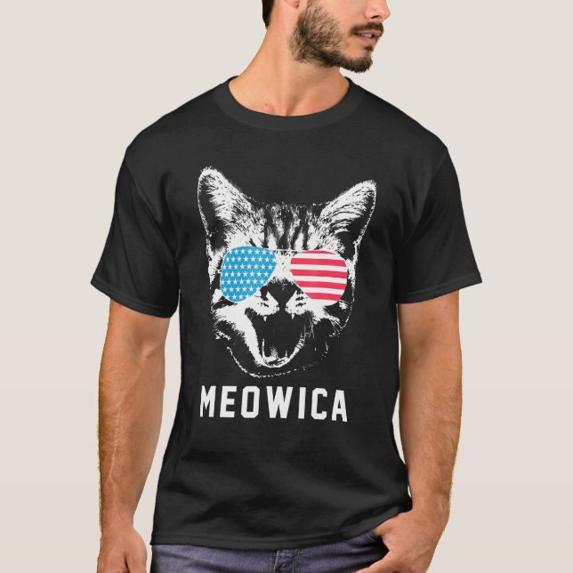 Meowica Cat Animals Sunglasses American Flag 4th O T-Shirt (Front)