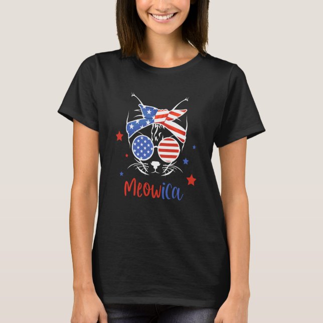 Meowica Cat Lady With American Flag Sunglasses & H T-Shirt (Front)