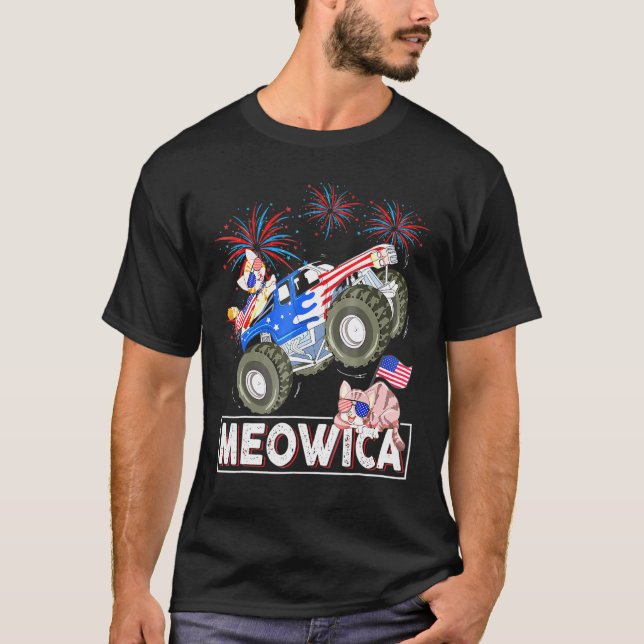 Meowica Cat Monster Driving Truck American Flag 4t T-Shirt (Front)