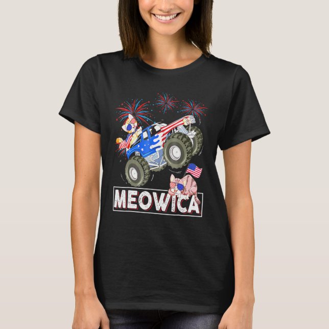 Meowica Cat Monster Driving Truck American Flag 4t T-Shirt (Front)