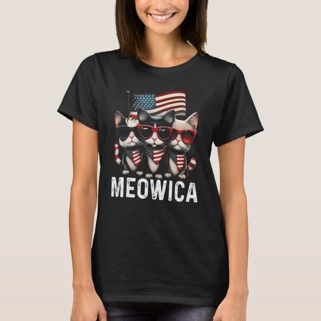 Meowica Cat Sunglasses American Flag 4th of July M T-Shirt (Front)