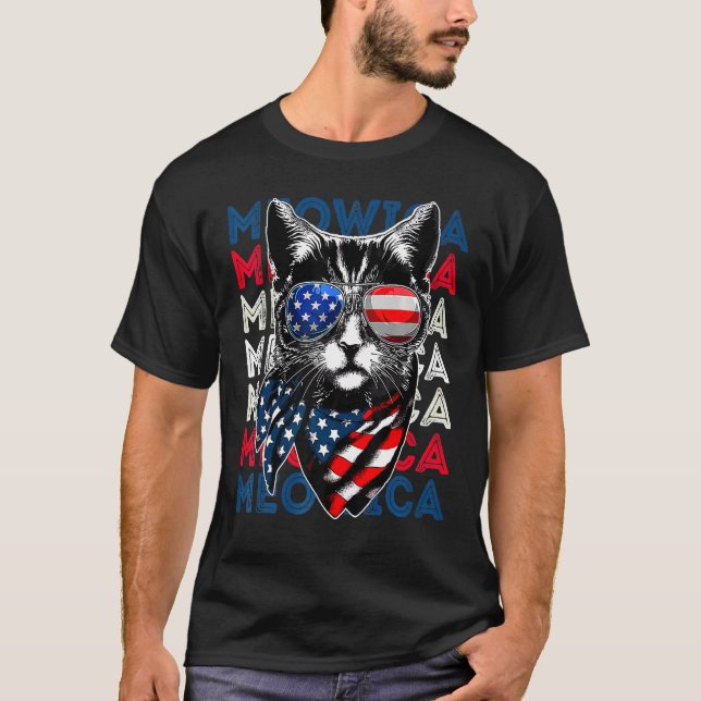 Meowica Kitty American Flag Patriotic 4th Of July  T-Shirt (Front)
