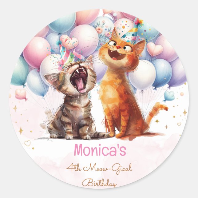 Meowing cats meow-gical kids birthday classic round sticker (Front)