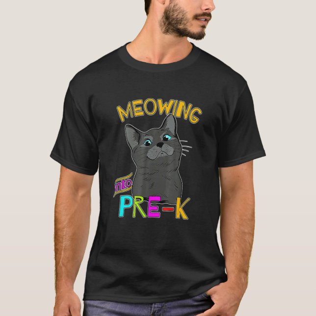 Meowing Into Pre K Cute Black Cat Back O School T-Shirt (Front)