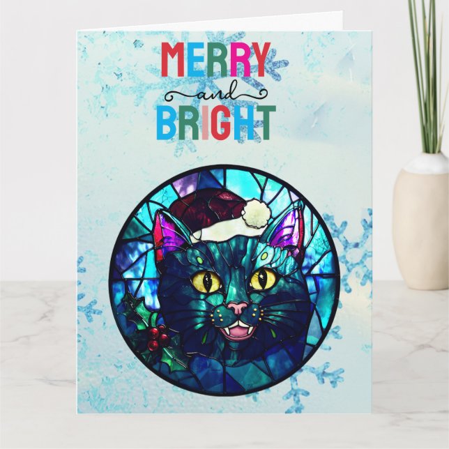 Meowing Stained-Glass Christmas Black Cat Card (Front)