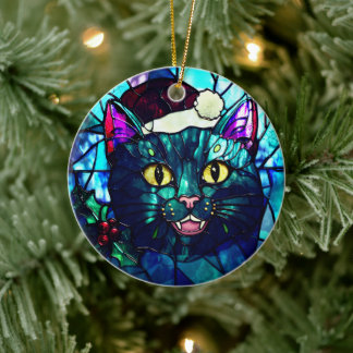 Meowing Stained-Glass Christmas Black Cat Ceramic Tree Decoration