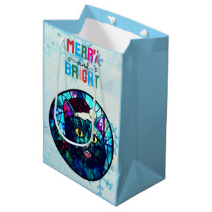 Meowing Stained-Glass Christmas Black Cat Medium Gift Bag