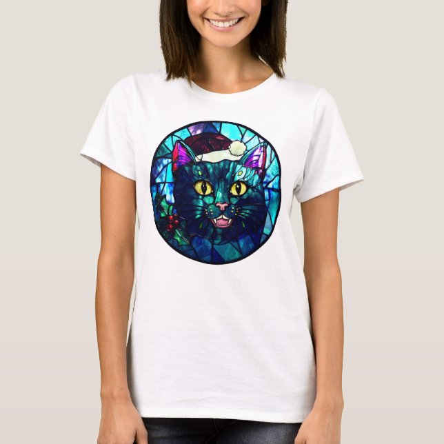 Meowing Stained-Glass Christmas Black Cat T-Shirt (Front)