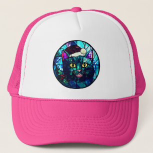 Meowing Stained-Glass Christmas Black Cat Trucker Hat