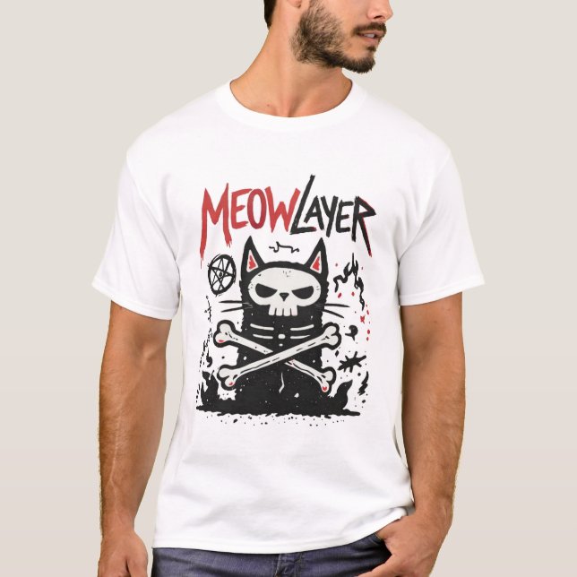 Meowlayer Cat Metal Doodle Illustration T-Shirt (Front)