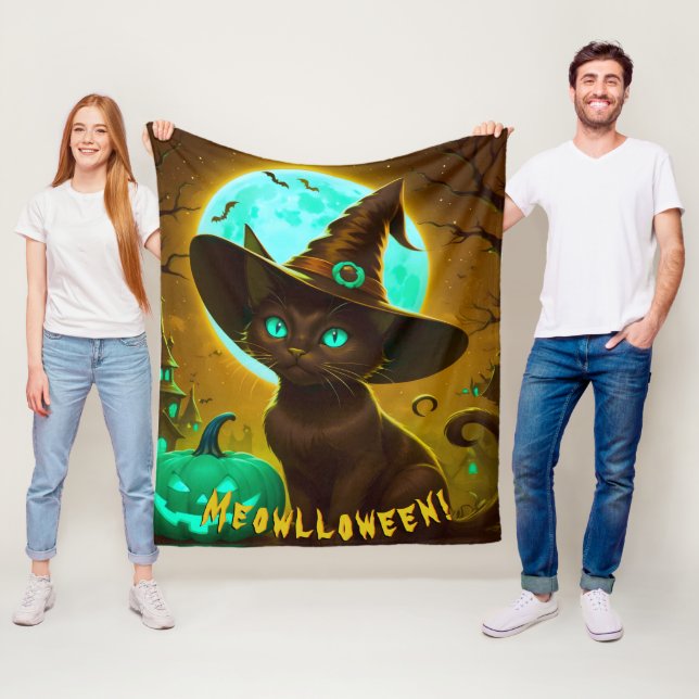 Meowlloween Golden Cat Purple Green Pumpkin Moon Fleece Blanket (In Situ)