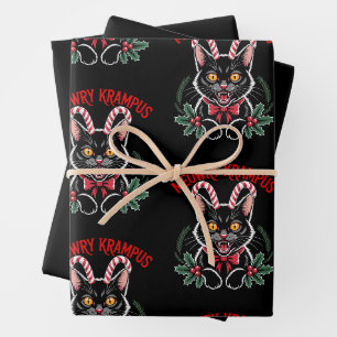 Meowry Krampus Christmas Black Cat Candy Cane Xmas Wrapping Paper Sheet