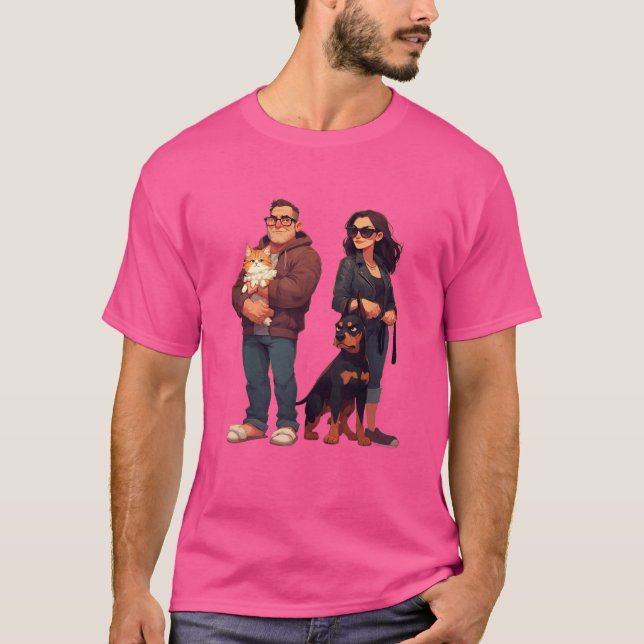 Meows & Muscle – Funny Cat Dad & Doberman Mum T-Shirt (Front)