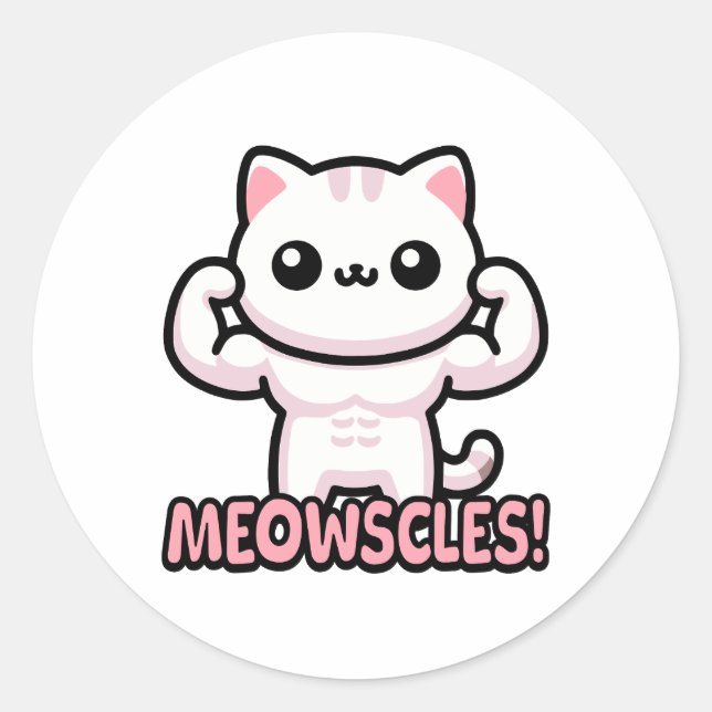 Meowscles! Cute Gym Cat Pun Classic Round Sticker (Front)