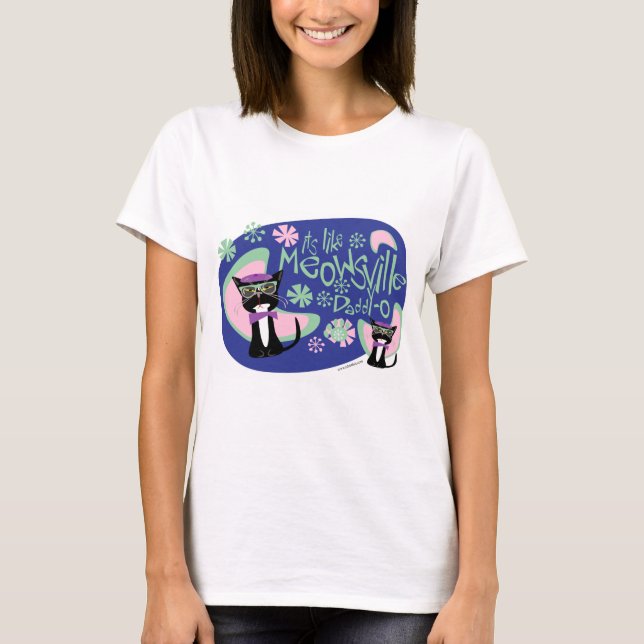 Meowsville Cartoon Beatnik Character Fifties Cat T-Shirt (Front)