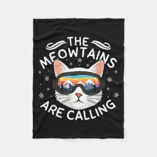 Meowtains Are Calling Funny Cat Skiing Retro Sunse Fleece Blanket