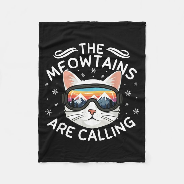 Meowtains Are Calling Funny Cat Skiing Retro Sunse Fleece Blanket (Front)