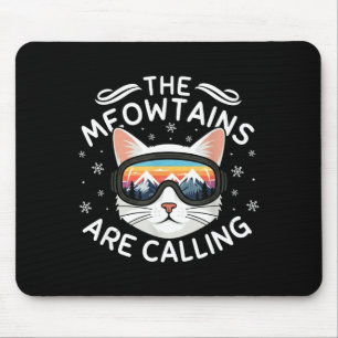 Meowtains Are Calling Funny Cat Skiing Retro Sunse Mouse Mat