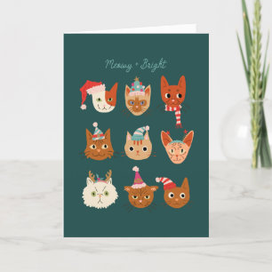Meowy and Bright Christmas Cats Green  Holiday Card