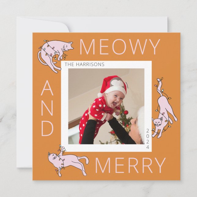 Meowy and Merry Colourful Cat Christmas Light Holiday Card (Front)