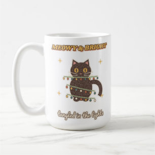 Meowy & Bright Black Cat Tangled in Christmas Ligh Coffee Mug