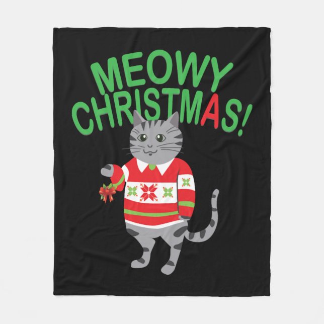 Meowy Cat Christmas Fleece Blanket (Front)