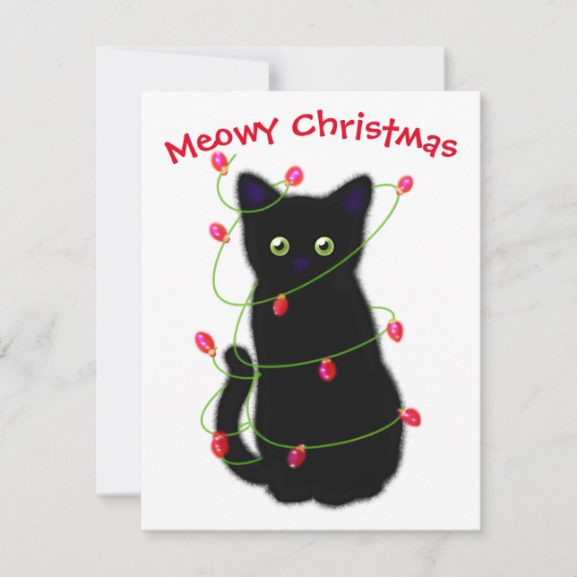 Meowy cat Christmas red green twinkle lights  Card (Front)
