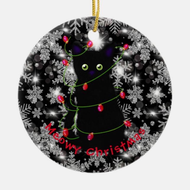 Meowy cat Christmas red green twinkle lights Ceramic Tree Decoration (Front)